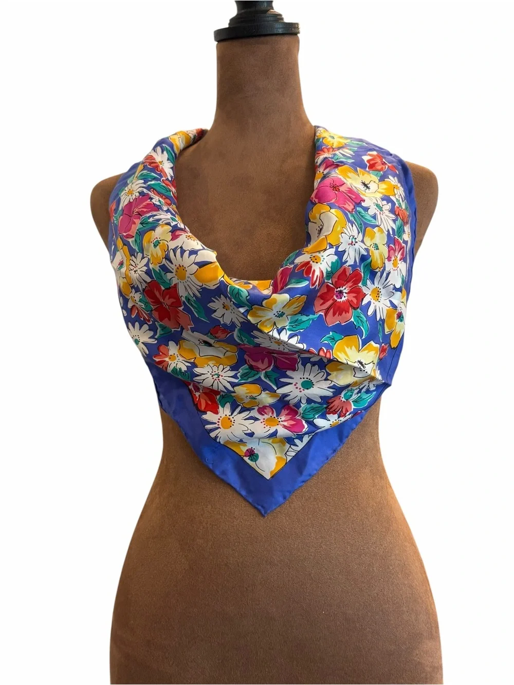Floral Silk Scarf Hand Rolled Edges Colorful Bright 30”x30” Blue Border Cottage